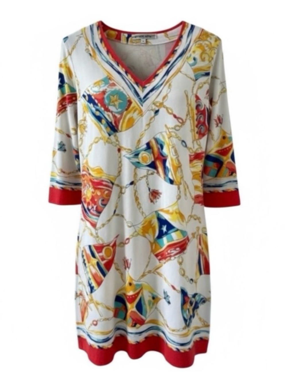 Barbara Gerwit White Nautical Flag Print V-Neck 3/4 Sleeve Dress Size Medium